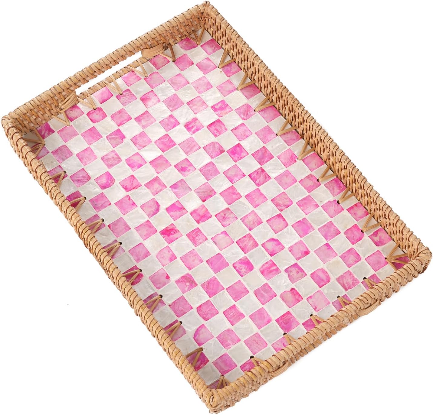Rectangle Rattan Tray with Mother of Pearl Inlay (Pink Checkerboard, 13"×9")