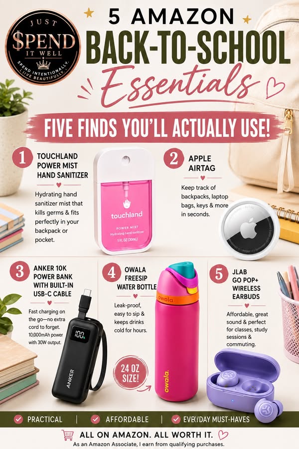 Five Amazon back-to-school essentials: Touchland Power Mist, Apple AirTag, Anker 10K power bank, Owala FreeSip bottle, and JLab GO POP Plus earbuds