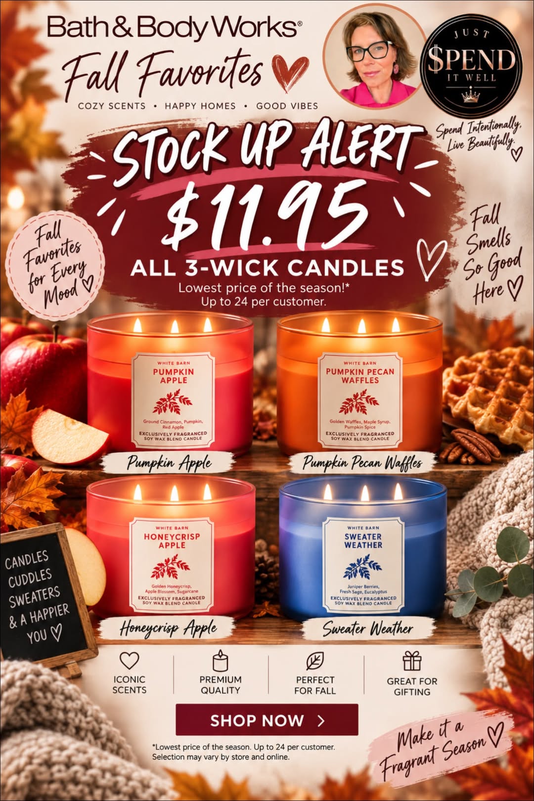 Bath and Body Works Stock Up Alert featuring four fall three-wick candles advertised at $11.95