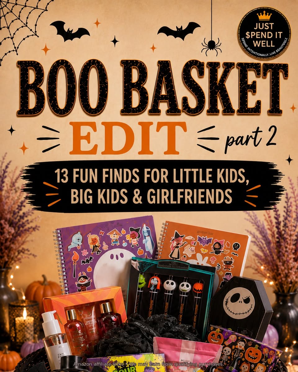 Boo Basket Edit Part 2 artwork featuring Halloween activity books, self-care treats, candy, and spooky gifts