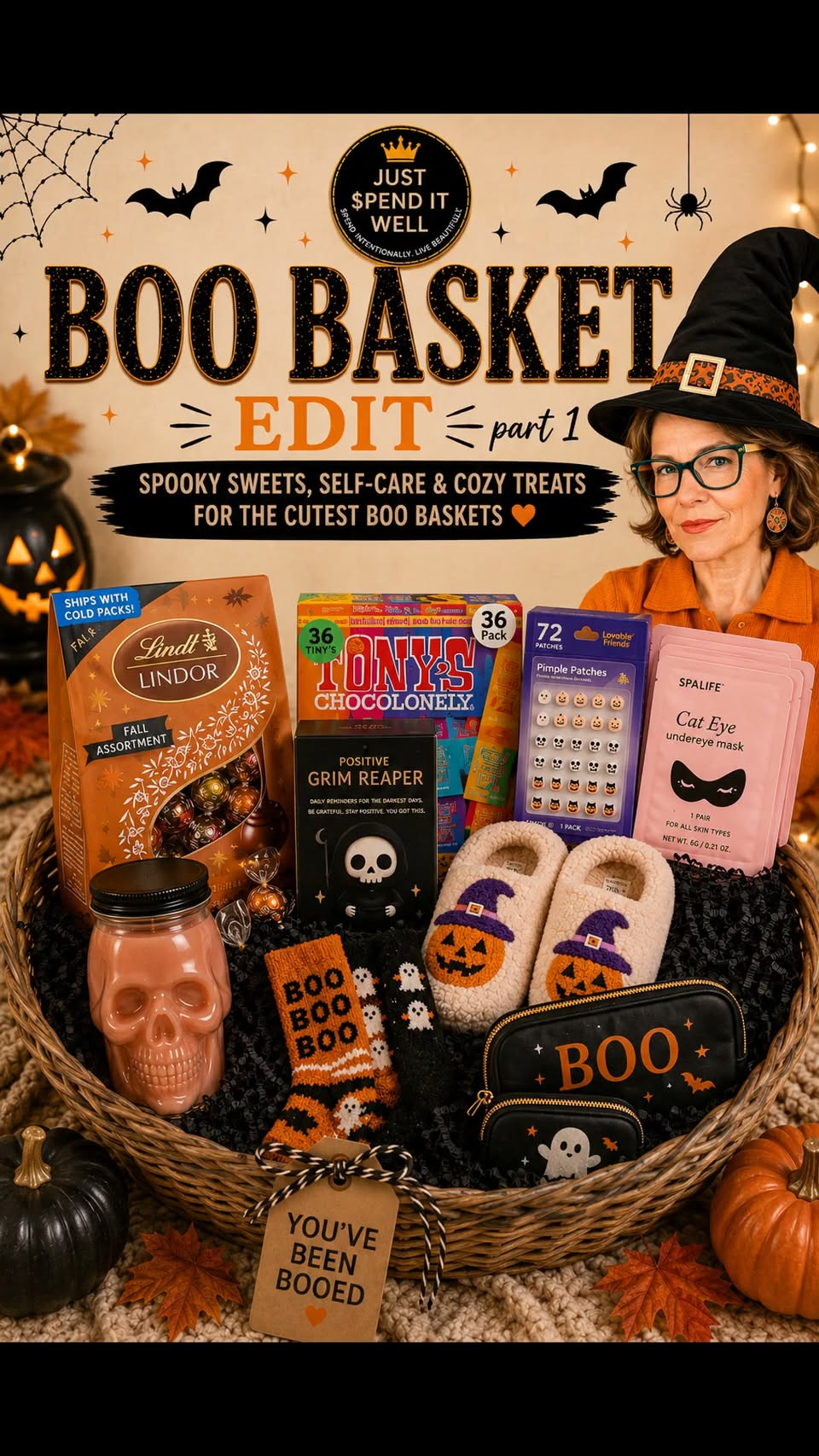 Boo Basket Edit Part 1 cover with Halloween self-care, fuzzy slippers, candy, socks, a cosmetic bag, and a skull candle arranged in a basket