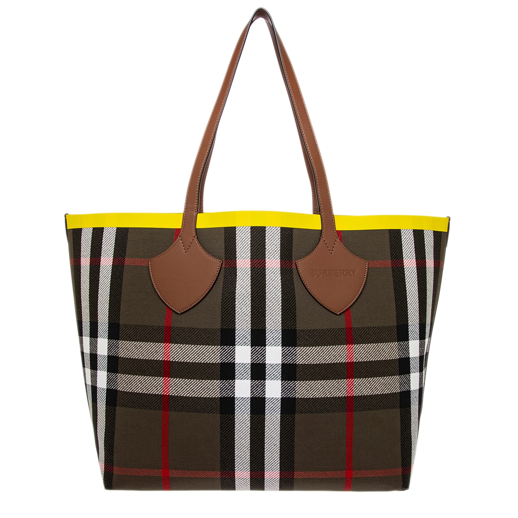 Burberry reversible oversized check tote in olive drab with yellow trim