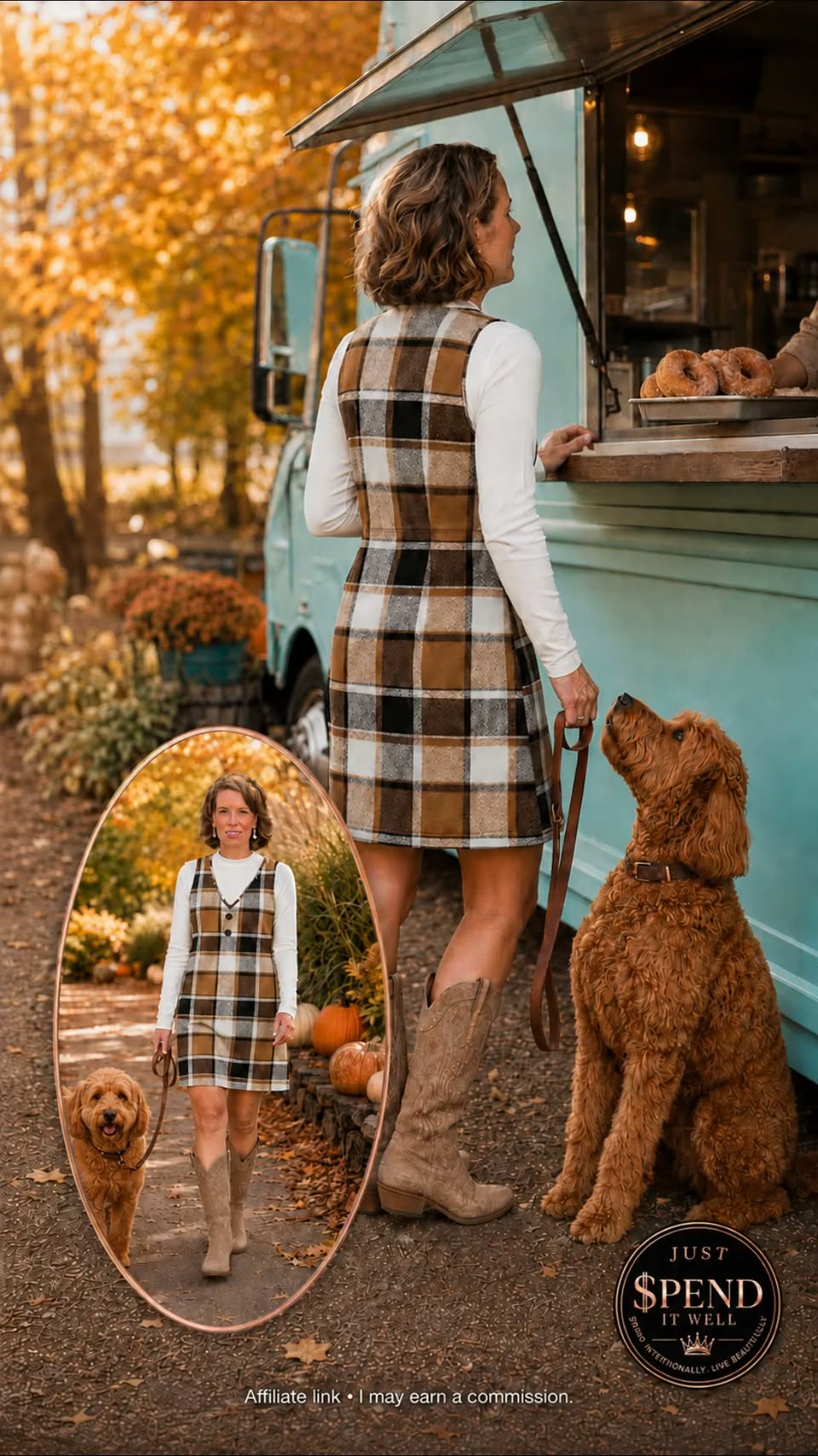 Jessica in a brown plaid two-piece dress set and distressed Western boots beside a cider-donut truck with her dog
