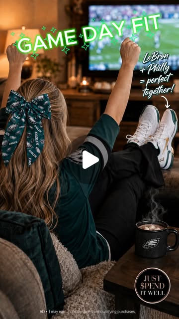 Philadelphia Eagles game-day reel cover with team apparel, Eagles hair bow, Nike LeBron Witness sneakers, and a black campfire mug