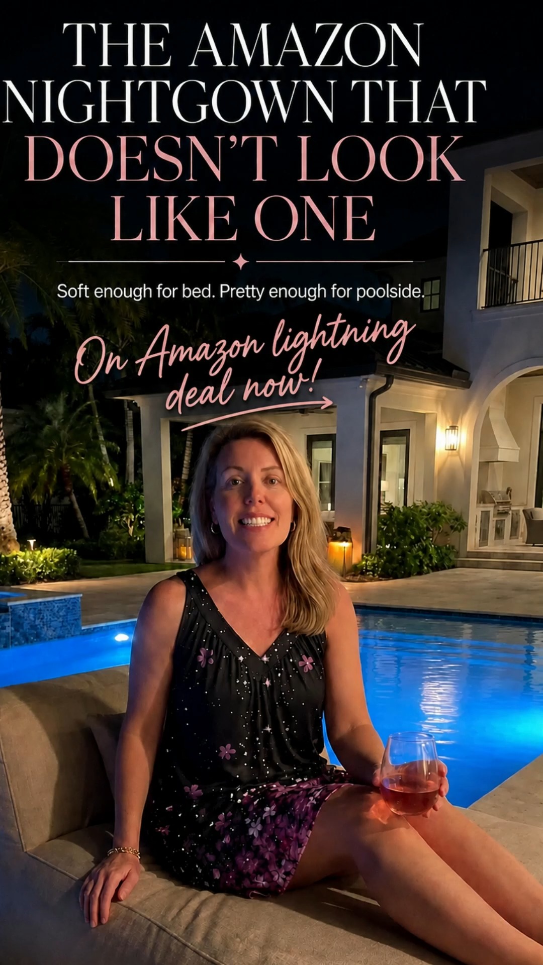 Ekouaer black floral nightgown worn poolside beneath text reading The Amazon nightgown that doesn’t look like one