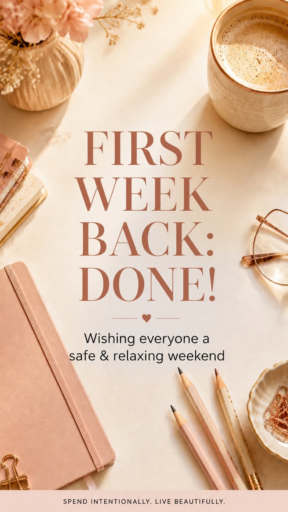 First Week Back Done graphic wishing everyone a safe and relaxing weekend