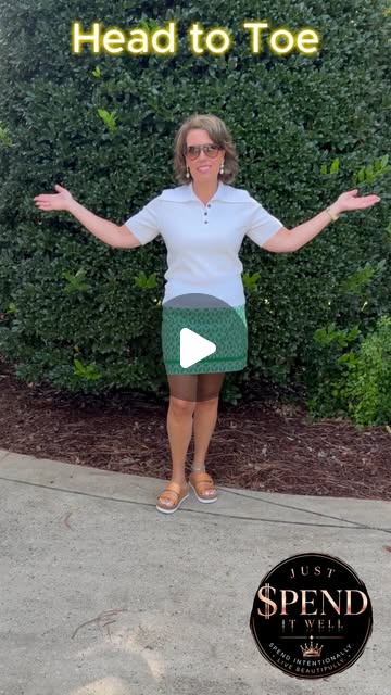 Girls’ Lunch Date Head to Toe look with sunglasses, a white polo sweater top, green printed skort, and tan sandals