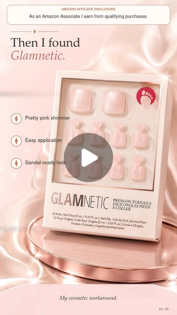 Glamnetic pale pink shimmer press-on toenails featured as a cosmetic pedicure workaround