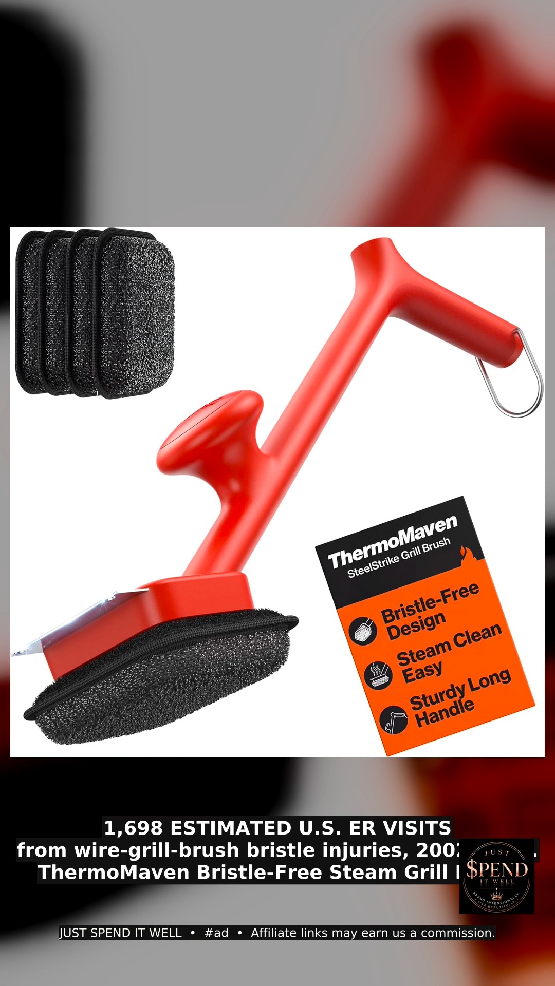 ThermoMaven red bristle-free steam grill brush and replacement cleaning heads with a grill-bristle injury statistic