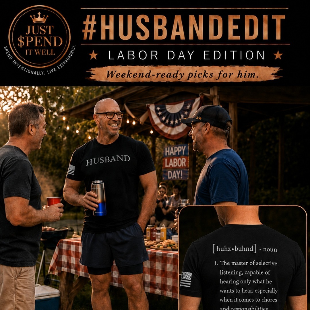 Husband Edit Labor Day cover with three men at a backyard cookout and the Husband Defined tee shown front and back