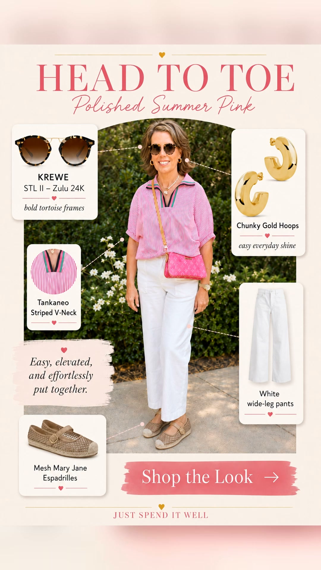 Head to Toe Polished Summer Pink look with KREWE sunglasses, gold hoops, a pink striped V-neck, white wide-leg pants, and mesh Mary Jane espadrilles