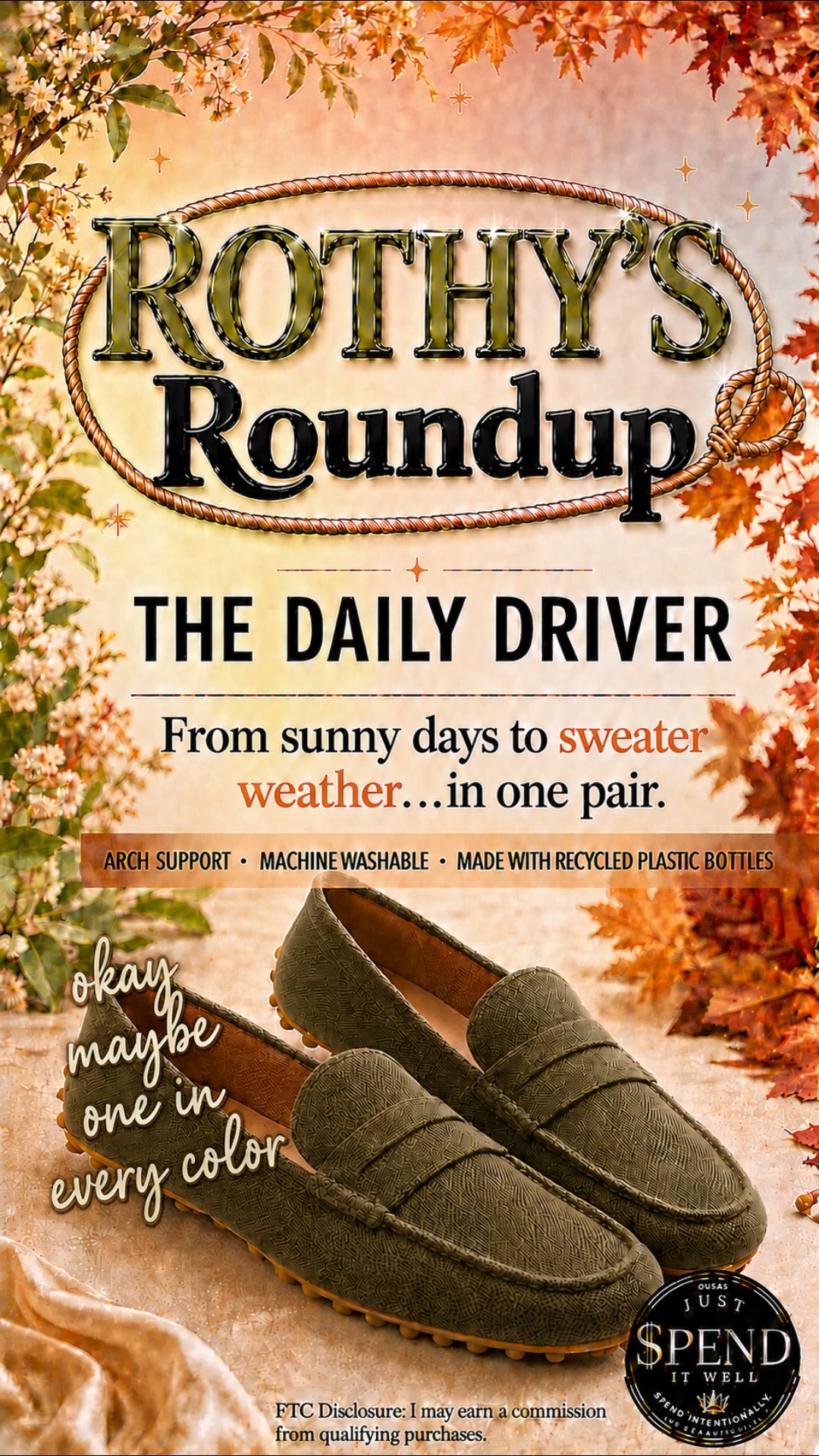 Rothy’s Roundup cover featuring olive-green Daily Driver loafers framed by summer flowers and autumn leaves