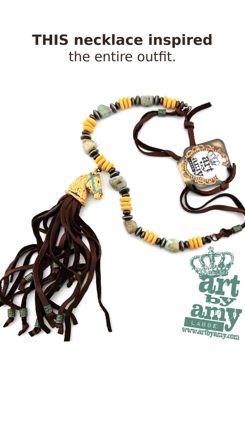 Art by Amy Labbe Bishop necklace with turquoise, mustard, black, and brown details and a horse-head pendant