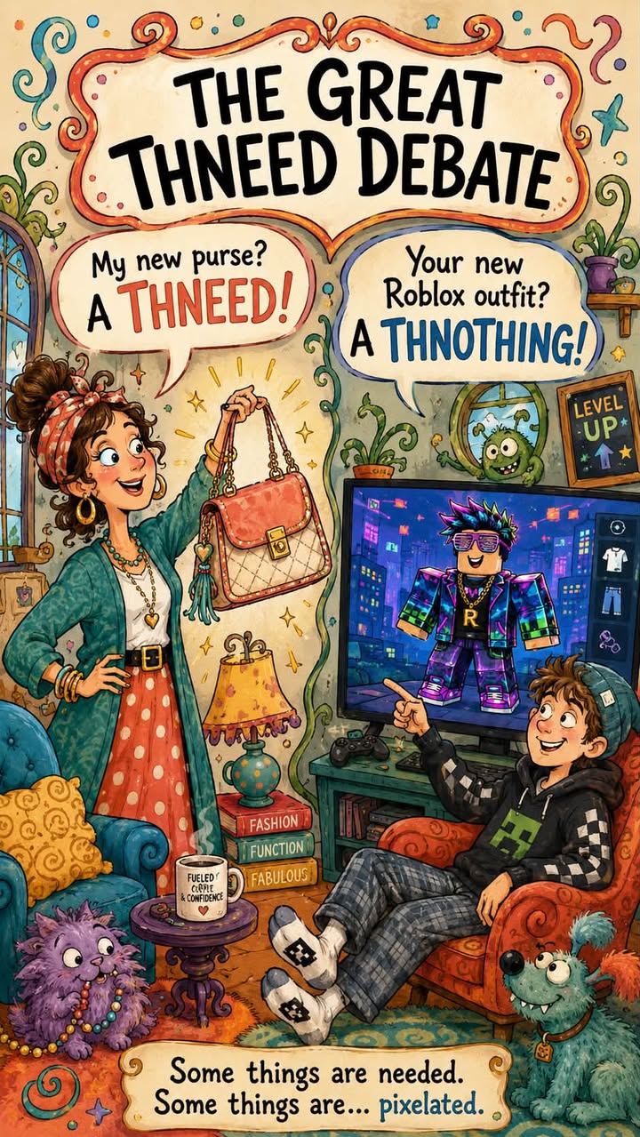 The Great Thneed Debate graphic comparing a new purse with a new Roblox outfit